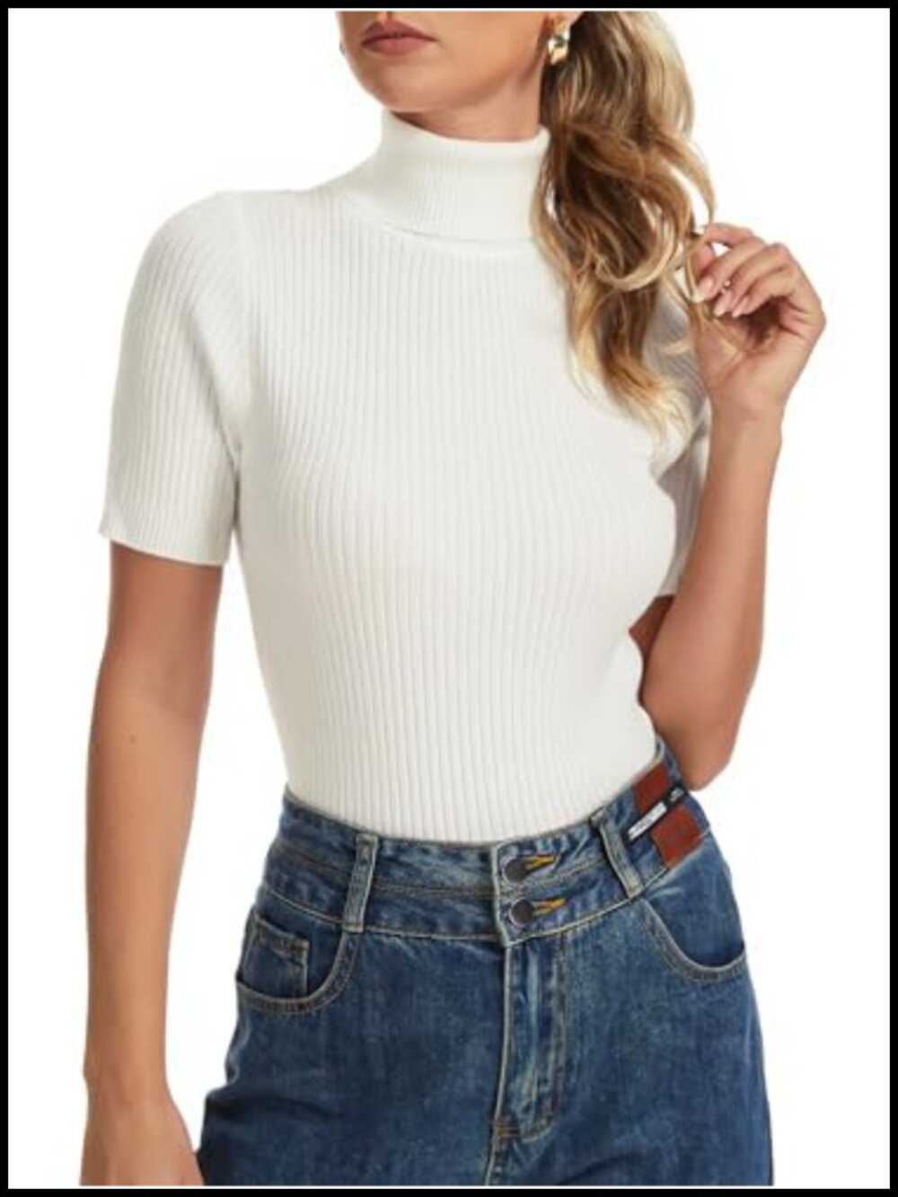 Women's Short Sleeve Turtleneck Top Slim Fitted Ribbed Knit Shirts